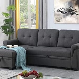 LOVMOR L-Shape Reversible Linen Fabric Sleeper Sectional Sofa with Storage Chaise, Dark Gray Corner Couch with Arms for Living Room, Home Furniture, Apartment, Dorm, 84 Inch