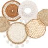 Nuenen Set of 6 Boho Basket Wall Decor Flat Hanging Woven Wall Decor Round Tassels White Tapestry Chic Bamboo Wall Basket Serving Tray Art Handmade Decorative Woven Wall Baskets(Classic Style)