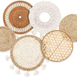 Nuenen Set of 6 Boho Basket Wall Decor Flat Hanging Woven Wall Decor Round Tassels White Tapestry Chic Bamboo Wall Basket Serving Tray Art Handmade Decorative Woven Wall Baskets(Classic Style)