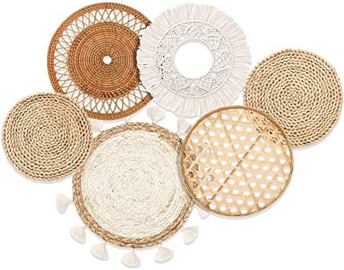 Nuenen Set of 6 Boho Basket Wall Decor Flat Hanging Woven Wall Decor Round Tassels White Tapestry Chic Bamboo Wall Basket Serving Tray Art Handmade Decorative Woven Wall Baskets(Classic Style)