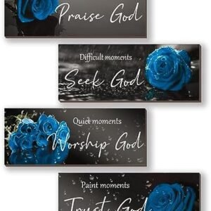 ONIZHITY 4 Pcs Blue Bathroom Decor Religious Wall Art Bible Verse Inspirational Navy Blue Rose Wall Decor Rustic Wooden Christian Sign for Home Bathroom Office Bedroom Living Room Kitchen(Blue 10x4)