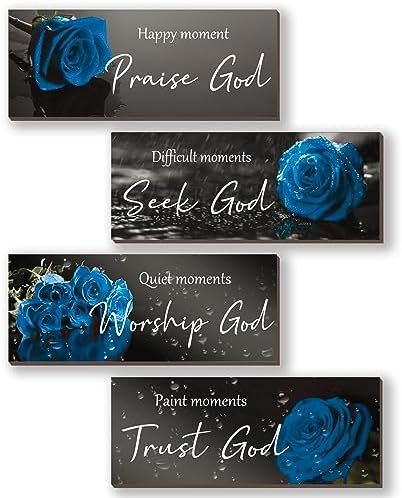 ONIZHITY 4 Pcs Blue Bathroom Decor Religious Wall Art Bible Verse Inspirational Navy Blue Rose Wall Decor Rustic Wooden Christian Sign for Home Bathroom Office Bedroom Living Room Kitchen(Blue 10x4)