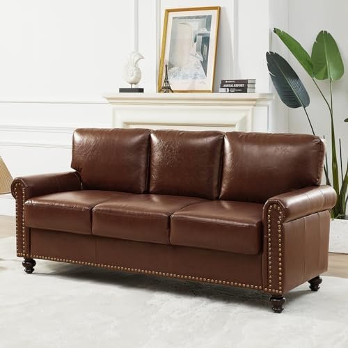 Orcalic 80” Leather Sofa Couch with Storage, Mid Century Modern Rolled Arm Couches for Living Room Furniture Sofas, Nailhead Trim, Easy Assembly, Brown