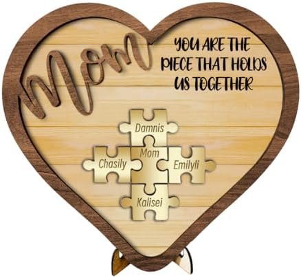 Personalized Wood Mothers Day Puzzle Sign Gift For Mom,Personalized Mom Puzzle Sign Plaque with Custom Kids Names| MOM Puzzle Piece Wall Decor Family Mother Day's Birthday Gift for Mother Mom Grandma