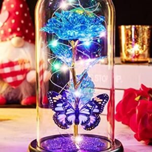 Pusuny Mothers Day Rose Gifts for Mom, Galaxy Glass Rose Forever Eternal Crystal Flower Light Up Rose in Glass Dome with Butterfly Birthday Gifts for Women Mom Her Wife Grandma Blue