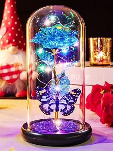 Pusuny Mothers Day Rose Gifts for Mom, Galaxy Glass Rose Forever Eternal Crystal Flower Light Up Rose in Glass Dome with Butterfly Birthday Gifts for Women Mom Her Wife Grandma Blue