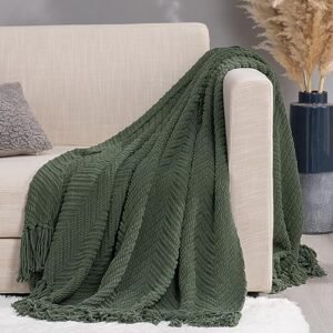 RECYCO Knit Chenille Throw Blanket, Textured Knitted Throw Blankets w/Tassels, Decorative Warm Soft Woven Throw for Couch Bed, Dark Green, 60x80 in