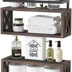 RICHER HOUSE Floating Wood Shelves with Guardrail, Rustic Brown, Wall Mounted, 2 Shelves, Farmhouse Style