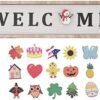 Seasonal Interchangeable Welcome Sign for Front Door Hanging with 16pcs Interchangeable Holiday Welcome Door Sign for Farmhouse Front Porch Decor and Housewarming Gift