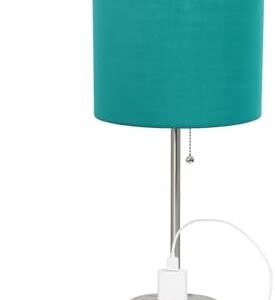 Simple Designs LT2024-TEL-2PK Two Pack Brushed Steel Stick Table Desk Lamp Set with Charging Outlet and Drum Fabric Shade for Living Room, Hallway, Nightstand, Office, Teal Shade