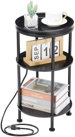 Small Round End Table with Charging Station for Narrow and Small Space, 3-Tier Accent Couch Beside Table with 2 USB Ports & Power Outlets,Sofa Side Table for Living Room Bedroom Apartment (Black)