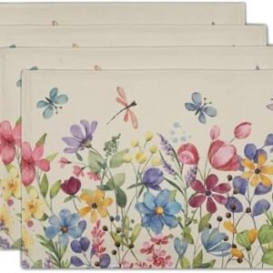 Spring Floral Placemats Set of 4, 12 x 18 Inch Watercolor Colorful Flower Butterfly Vintage Rustic Table Mats Summer Seasonal Holiday Linen Washable Place Mats for Dining Kitchen Home Party Decor