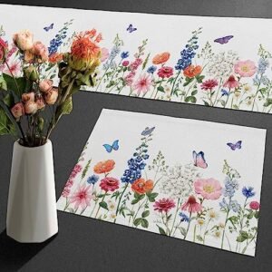 TQFZP Spring Flowers Table Runner and Place Mats Set of 6 Watercolor Floral Pattern Cotton Linen Dining Mat Sets Seasonal Spring Summer Holiday Decor Washable for Home Table Decorations 70 Inches Long