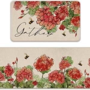 Tailus Spring Summer Floral Flower Kitchen Rugs Set of 2, Red Geranium Bee Gather Kitchen Mats Decor, Seasonal Floor Door Mat Home Decorations -17x29 and 17x47 Inch