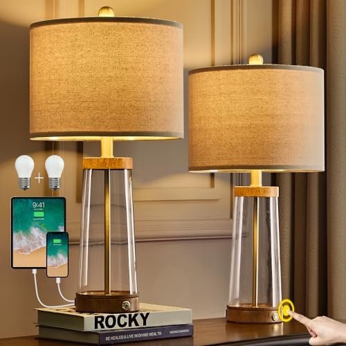 USumkky 24" 3-Way Dimmable Touch Control USB A+C Table Lamp Set of 2 Modern Glass Lamps Night Stand Lamp for Living Room Nightstand Beside Bedroom(2 Bulbs Included)