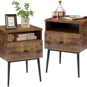 VECELO Modern, Square End Side Table with Drawer and Storage Space for Bedroom and Living Room, 2 Sets Nightstands, Antique Brown(Set of 2)