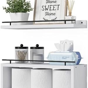 WOPITUES Floating Shelf with Extra Cube Shelf, Shelves for Wall Decor with Gold Metal Rail, Wall Shelves for Bedroom, Bathroom, Kitchen, Living Room, Plants, Pictures, Toilet Paper- Black in White