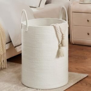 White Woven Rope Laundry Basket by TECHMILLY, 58L Baby Nursery Hamper for Clothes Blanket Storage, Large Tall Laundry Hamper for College Dorm, Bedroom, Living Room