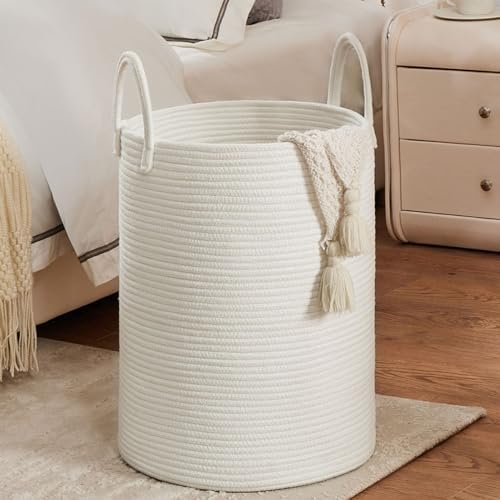 White Woven Rope Laundry Basket by TECHMILLY, 58L Baby Nursery Hamper for Clothes Blanket Storage, Large Tall Laundry Hamper for College Dorm, Bedroom, Living Room