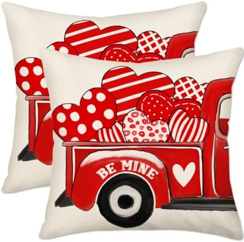 Xihomeli Valentines Day Home Decor Pillow Covers 16x16 Inch Set of 2 Red Heart Be Mine Truck Decorations Seasonal Outdoor Farmhouse Throw Pillow Case Cushion Cover for Sofa Couch