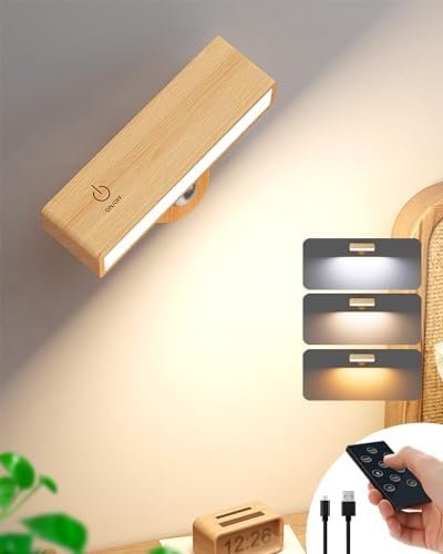 YiLaie Rechargeable Wall Lights with Remote,3 Color Temperature Dimmable Battery Operated Wall Sconce,Rotatable Cordless Wall Lamp,Wireless Wall Lights for Bedroom,Living Room,Bedside Reading(1 Pack)