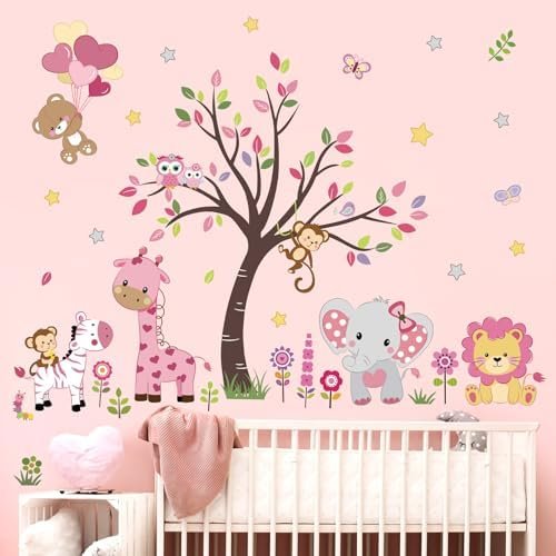 decalmile Pink Animal Tree Wall Decals Forest Lion Elephant Monkey Wall Stickers Girls Bedroom Baby Nursery Wall Decor