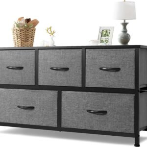 AZL1 Life Concept Extra Wide Dresser Storage Tower with Sturdy Steel Frame, 5 Drawers of Easy-Pull Fabric Bins, Organizer Unit for Bedroom, Hallway, Entryway, 11.4"D x 39.4"W x 21.6"H, Dark Grey