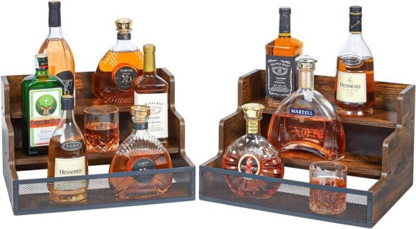 2 Pack 3 Step Countertop Liquor Bottle Display Shelf, Wood Bar Shelves 12 Bottles with Fences, Freestanding Storage Shelves for Liquor Whiskey Wine Coffee Syrup Display, Retro Wine Rack Home