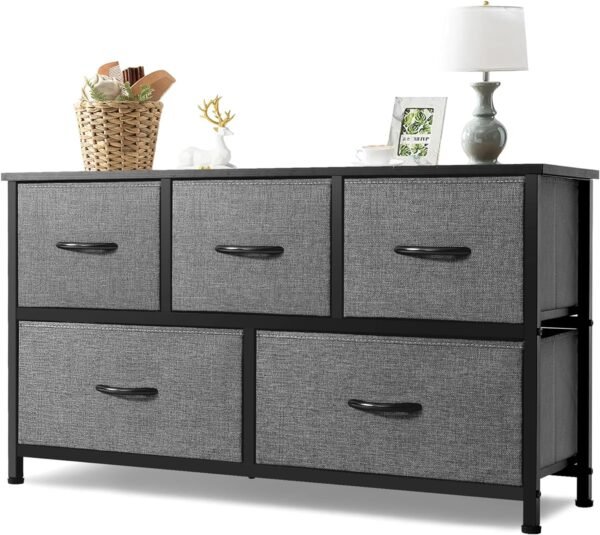 AZL1 Life Concept Extra Wide Dresser Storage Tower with Sturdy Steel Frame, 5 Drawers of Easy-Pull Fabric Bins, Organizer Unit for Bedroom, Hallway, Entryway, 11.4"D x 39.4"W x 21.6"H, Dark Grey