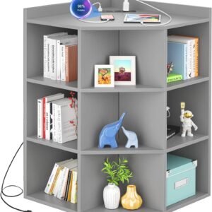 Aheaplus Corner Cabinet, Corner Storage with USB Ports and Outlets, Corner Cube Toy Storage for Small Space, Wooden Corner Cubby Bookshelf with 9 Cubes for Playroom, Bedroom, Living Room, Grey