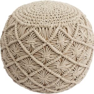 COTTON CRAFT Macrame Braided Pouf - Ottoman Footrest Bean Bag - Knitted Tweed Cotton Cord Comfortable Round Dori Pouf - Prefilled Stuffed Boho Moroccan Accent Seating - Nursery Bedroom -20x14- Natural