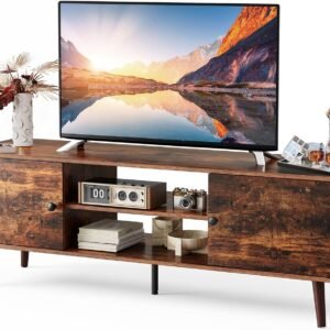 DUMOS TV Stand for 55 60 inch TV, Entertainment Center with Storage Cabinet, Mid Century Modern Media Console Table, Adjustable Hinge, Wooden Television Furniture for Living Room, Office, Retro Brown