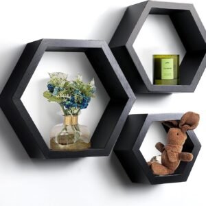 Defined Deco Set of 3 Hexagon Shelves for Wall Decor,Floating Shelves Wall Mounted,Farmhouse Pine Wall Shelf for Living Room Decor,Bedroom Decor,Kitchen or Bathroom Decor,Hanging Honeycomb Shelves.