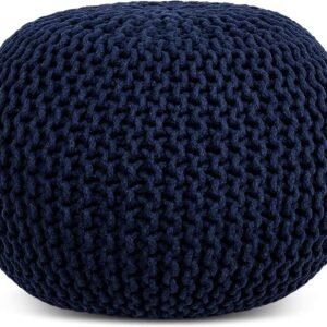 FRELISH DECOR Round Pouf Ottoman Hand Knitted 100% Cotton Pouf Foot Stool - Knitted Bean Bag - Floor Chair for Living Room Bedroom - Foot Rest for Couch (20 Diameter x 14 Height) - Navy