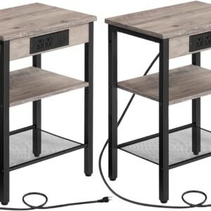 HOOBRO End Tables Set of 2 with Charging Station and USB Ports, 3-Tier Nightstands with Adjustable Shelves, Narrow Side Tables for Small Space in Living Room, Bedroom and Balcony, Greige BG112BZP201