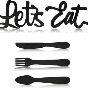 Jetec 5 Pieces Kitchen Wall Decor Let's Eat Sign Wooden Fork Spoon Knife Kitchen Decor Hanging Rustic Farmhouse Eat Sign for kitchen Home Dining Room(Black)