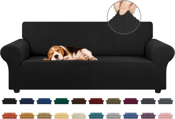 KEKUOU Stretch Sofa Cover Slipcover ，Couch Covers for 3 Cushion Couch Sofa pet Friendly (79"-94") Furniture Protector Sofa with Elastic Bottom for Kids,Dog, Jacquard Small Checked(Large,Black)