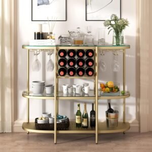 O&K FURNITURE Wine Rack Table with Glass Holders, 3-Tier Liquor Bar Table, Home Bar Coffee Bar Table for Living Room Kitchen, Gold