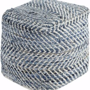 Signature Design by Ashley Chevron Handmade Woven Pouf 18 x 18, Blue and White