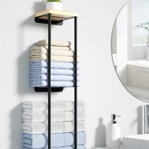 Towel Racks for Bathroom, 2 Tier Wall Towel Holder with Wood Shelf, Metal Wall Towel Rack Mounted Towel Storage for Small Bathroom(Black)