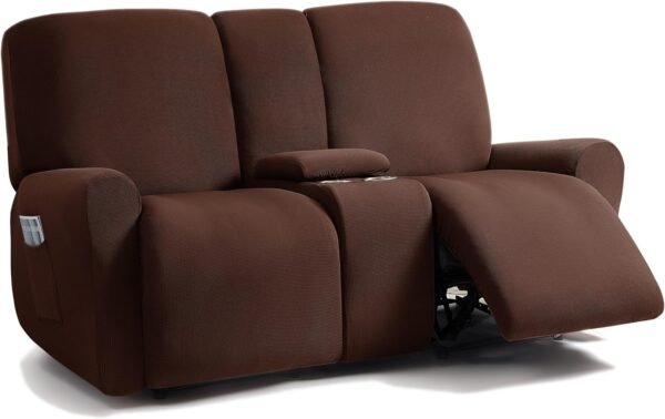 ULTICOR Jacquard Design Reclining Loveseat with Middle Console Slipcover, 8-Piece Stretch Sofa Covers, 2 seat Loveseat Recliner Cover, Washable (Chocolate, Loveseat with Console Recliner Cover)