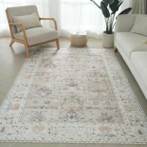 Ultra Thin 5x7 Area Rug - Vintage Boho Non-Slip Bedroom Rug Oriental Floral Living Room Rug for Dining Room Dorm Play Room Sand