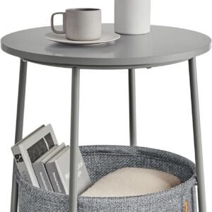 VASAGLE Small Round Side End Table, Modern Nightstand with Fabric Basket, Bedside Table for Living Room Bedroom,,Dove Gray and Slate Gray LET223G36