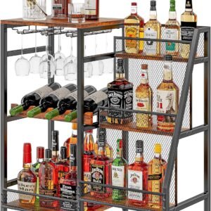 Versatile Liquor Stand for Home Bar, Wine Rack Freestanding Floor, Mini Bar Table for Liquor Whiskey Wine, 3-Tier Trapezoidal Liquor Bottle Display Shelf with Glass Holder and Fences(Patent Pending)